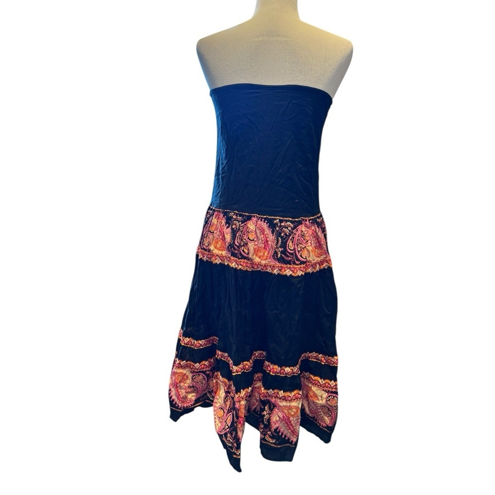Angie Boho Strapless‎ Dress Black Pink Paisley Tiered Cotton Festival Tube Top M - Picture 6 of 10